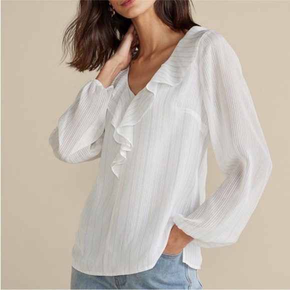 Soft Surroundings Zenia Metallic Stripe Ruffle Collar shirt - Picture 1 of 10